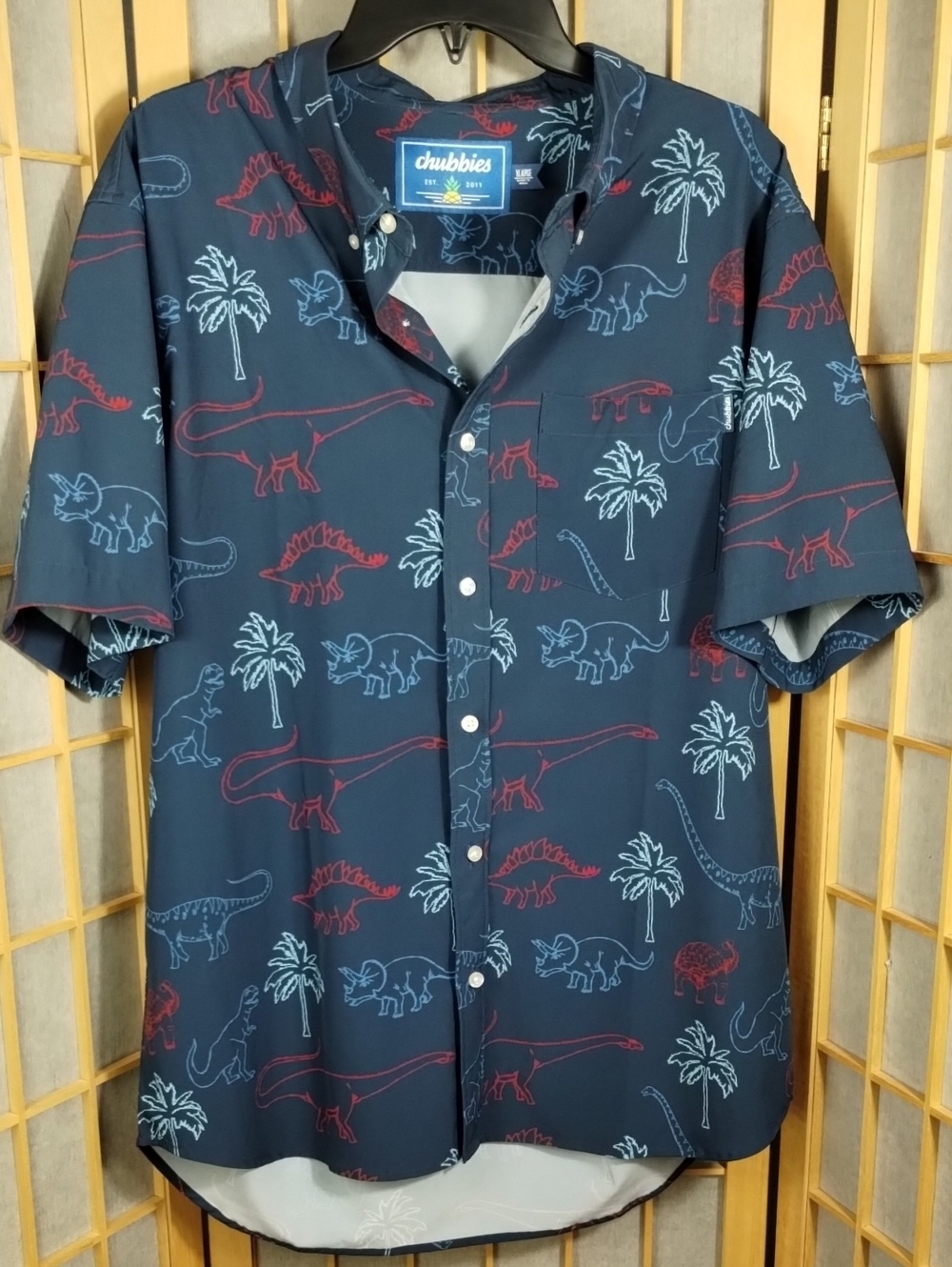 chubbies Navy Dinosaur & Palm Print Short Sleeve Shirt The Weekend Size XL